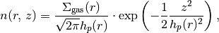 n(r,\, z) = \frac{\Sigma_{\rm gas}(r)}{\sqrt{2 \pi} h_p(r)} \cdot \exp\left(-\frac{1}{2}\frac{z^2}{h_p(r)^2} \right),